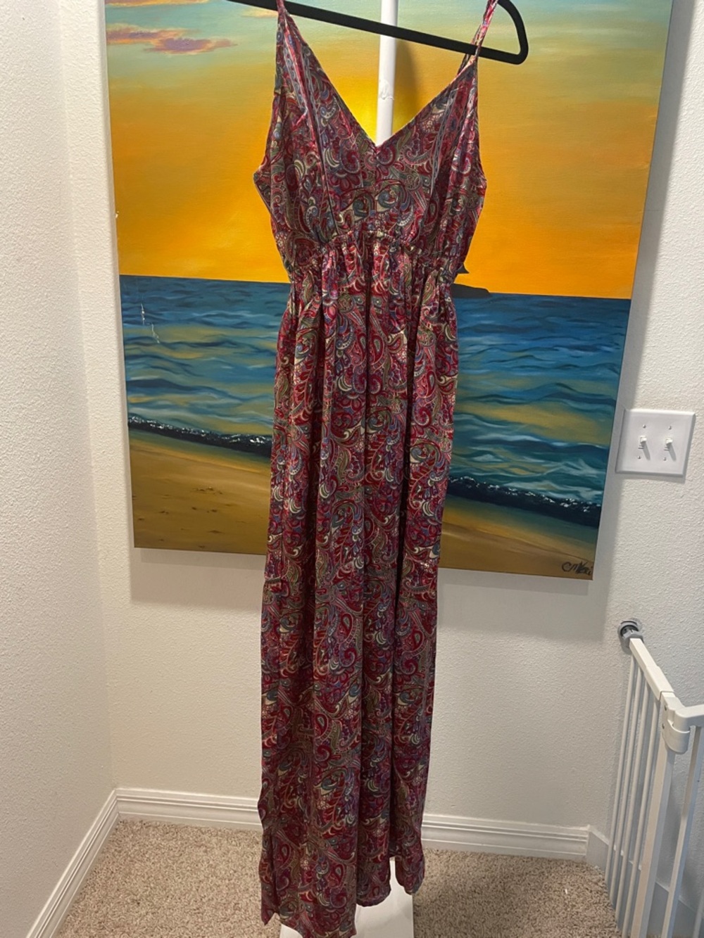 Women's Paisley Red Maxi Dress with Spaghetti Straps
